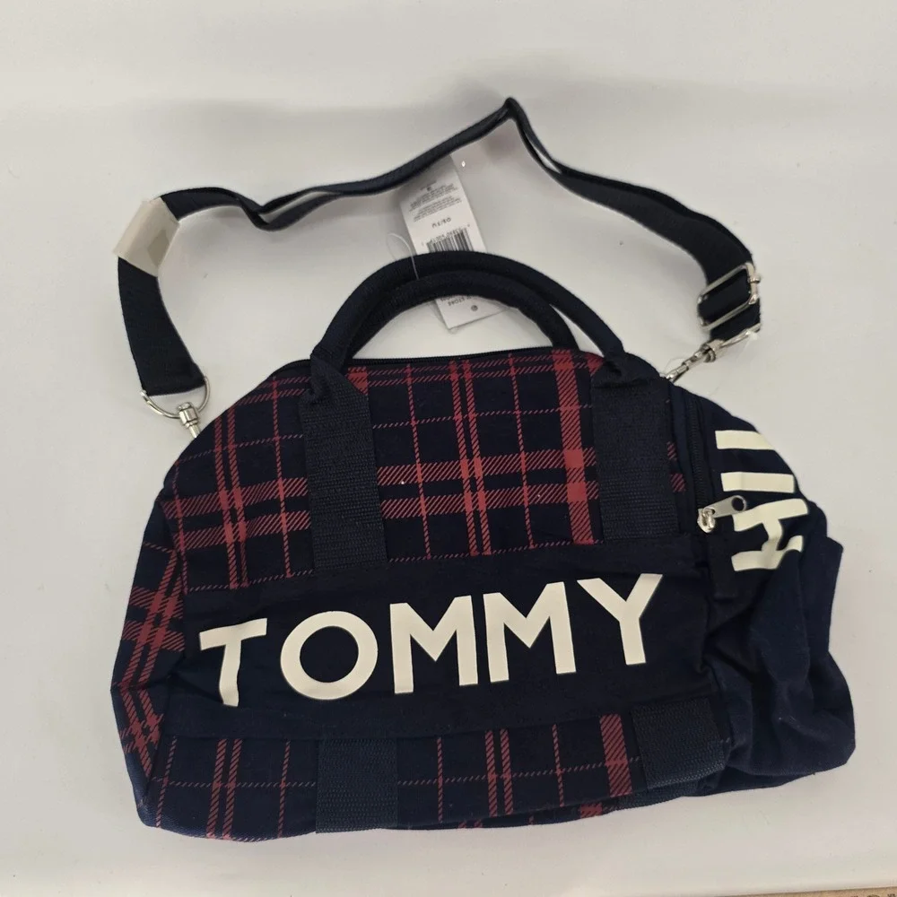 Tommy Hilfiger Mini Duffle‎ Bag Navy Red Plaid Canvas Logo M86913589 467 NWT